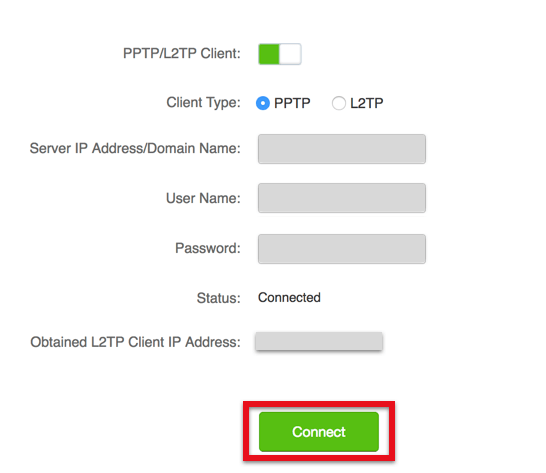 Tenda AC6 PPTP/L2TP Client form: client type PPTP, server address, user name, password, status Connected, Connect button