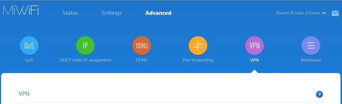 Xiaomi MiWiFi Advanced tab: a row of section icons with VPN selected